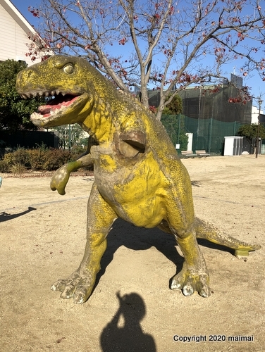 岡山県　芳泉(芳泉)中学校前のひばり公園にティラノサウルス