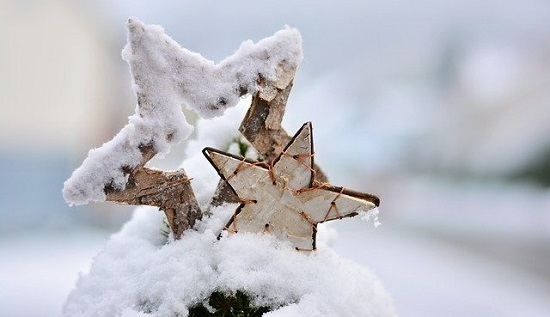 雪の中のクリスマスツリーの飾り