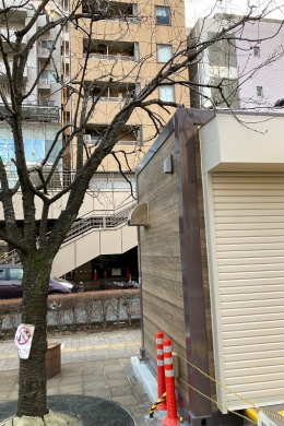 喫煙ボックスと桜の木