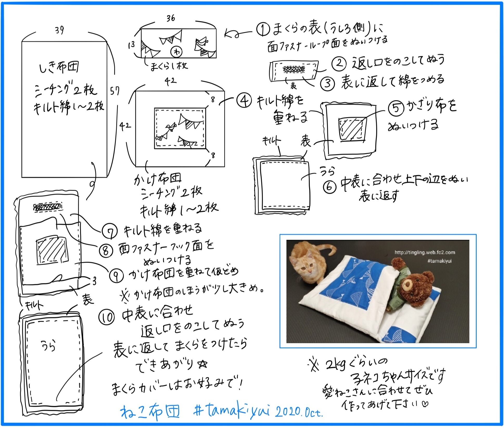 Tamakiyuiの手作り雑貨photo ねこちゃんのお布団を縫いました 手作り猫ふとん 作り方 追記しました